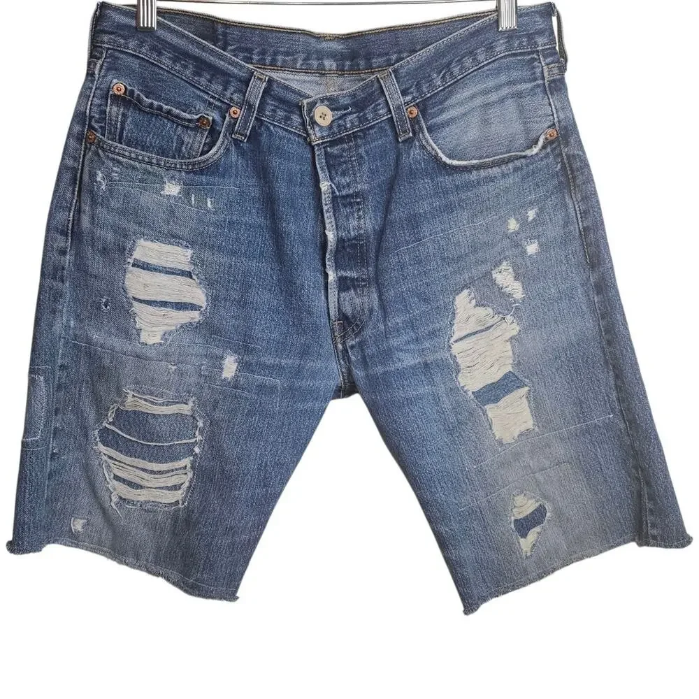 upcycled and reworked Vintage Distressed Levis Knee Length Cutoff Denim Shorts